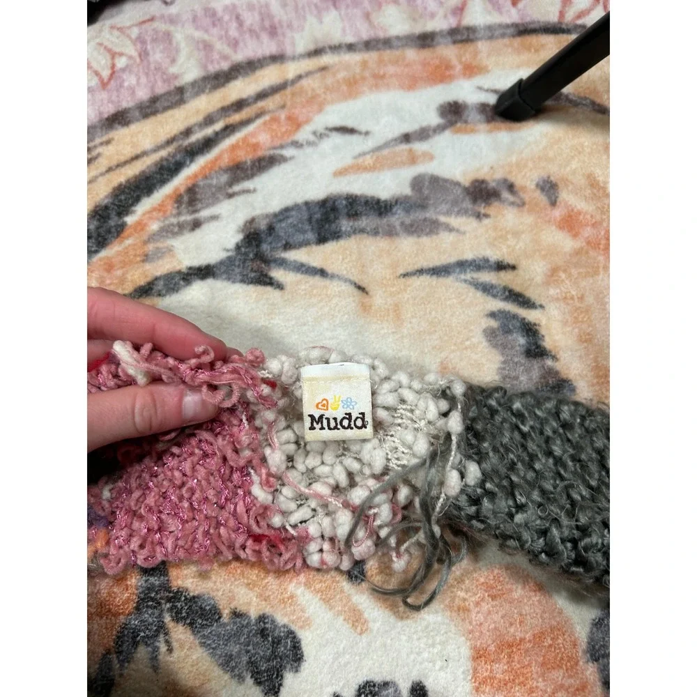 Y2K Mudd‎ Womens Chunky Knit Patchwork Scarf Multi Color Boho Fringed Texture